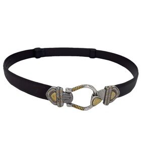 CHICO'S 80s Women's Brown Leather Statement Belt Silver Gold Adjustable Hook S/M